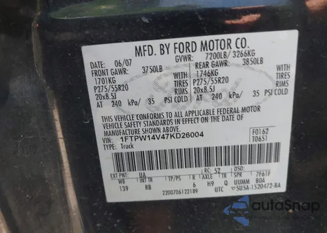 2007 Ford F-150 Fx4/Lariat/Xlt from USA, damaged, VIN 1FTPW14V47KD26004